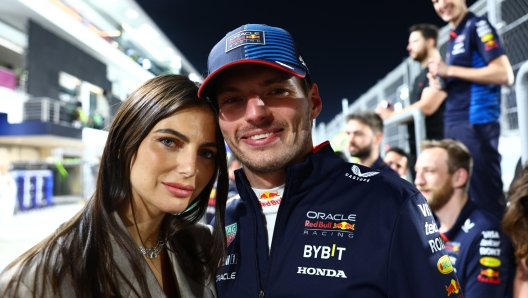 LUSAIL CITY, QATAR - DECEMBER 01: Kelly Piquet and Race winner Max Verstappen of the Netherlands pose for a photo after the F1 Grand Prix of Qatar at Lusail International Circuit on December 01, 2024 in Lusail City, Qatar. (Photo by Mark Thompson/Getty Images)