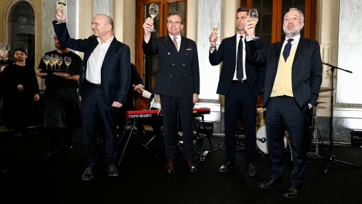 MILAN, ITALY - DECEMBER 4: Maurizio Scanavino, Cristiano Giuntoli, Thiago Motta, Gianluca Ferrero during the Juventus Partners Dinner on December 4, 2024 in Milan, Italy.  (Photo by Daniele Badolato - Juventus FC/Juventus FC via Getty Images)