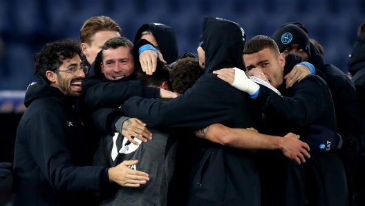 ROME, ITALY - DECEMBER 05: Napoli celebrating their first goal during the Coppa Italia match between SS Lazio and Napoli at Stadio Olimpico on December 05, 2024 in Rome, Italy. (Photo by Paolo Bruno/Getty Images)