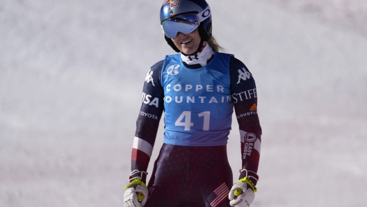 Lindsey Vonn reacts after her run at a downhill skiing race at Copper Mountain Ski Resort, Saturday, Dec. 7, 2024, in Copper Mountain, Colo. (AP Photo/John Locher)