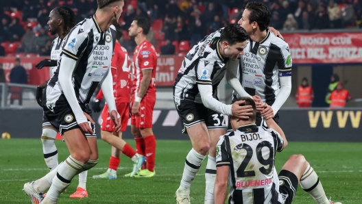 Udinese's players celebrates the goal scored by Udinese's defender Jaka Bijol during the Italian Serie A soccer match between AC Monza and Udinese at U-Power Stadium in Monza, Italy, 9 December 2024. ANSA / ROBERTO BREGANI