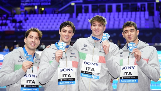 Alessandro Miressi, Leonardo Deplano, Lorenzo Zazzeri, Manuel Frigo - Italy men's 4x100 relay silver medal at the World Aquatics Swimming Championship 25m Budapest 2024, Hungary - December  10 , 2024 - Sport  (Photo by Gian Mattia D'Alberto /LaPresse)