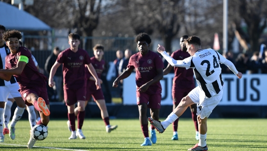 VINOVO, ITALY - DECEMBER 11:  Patryk Mazur of Juventus scores the opening goal during the UEFA Youth League 2024/25 Juventus and Manchester City at Juventus Center Vinovo on December 11, 2024 in Vinovo, Italy.  (Photo by Valerio Pennicino - Juventus FC/Juventus FC via Getty Images)