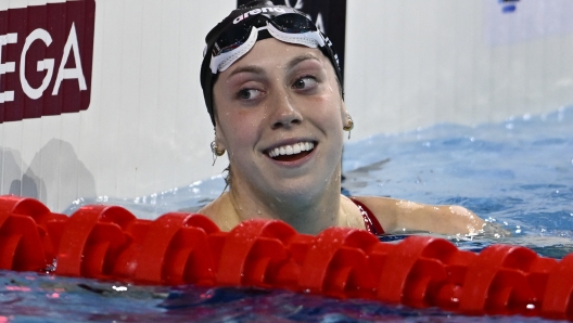 Gretchen Walsh of the United States reacts after winning the 100-meter medley at the World Short Course Swimming Championships in Budapest, Hungary, Friday, Dec. 13, 2024. (AP Photo/Denes Erdos)