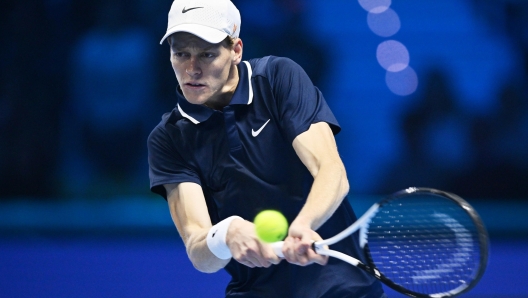 Jannik Sinner of Italy plays the match against Casper Ruud of Norway during the match of Nitto Atp Finals in Turin, Italy, 16 November 2024 . The ATP men's single world number 1 is preparing for the ATP Finals that will run from 10-17 November in Turin ANSA/ALESSANDRO DI MARCO