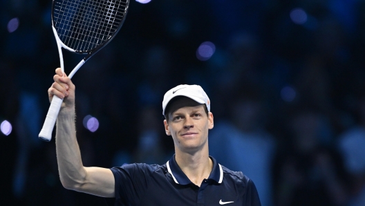 Jannik Sinner of Italy celebrates his victory against Alexander Zverev of Germany during the match of Nitto Atp Finals in Turin, Italy, 16 november 2024 .The ATP men's singles world number 1 is preparing for the ATP Finals that will run from 10-17 November in Turin ANSA/ALESSANDRO DI MARCO