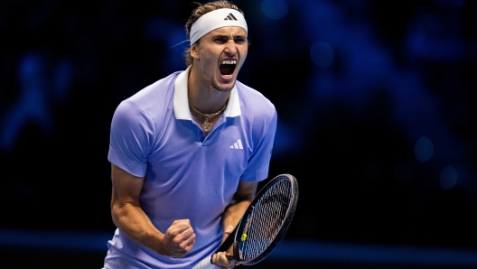 Germany's Alexander Zverev react during the singles tennis match of the ATP World Tour Finals against United States? Taylor Fritz at the Inalpi Arena in Turin, Italy - Sport - Saturday, November 16, 2024. (Photo by Marco Alpozzi/Lapresse)