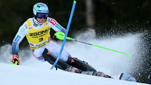 Norway's Timon Haugan competes in the 1st run of the men's Slalom, during the FIS Alpine Ski World Cup in Alta Badia on December 23, 2024. (Photo by Marco BERTORELLO / AFP)