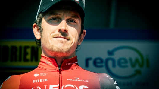 Ineos Grenadiers rider Britain's Geraint Thomas reacts during the presentation of the teams ahead of the 'Renewi Tour' multi-stage cycling race, from Riemst to Bilzen (163,6 km) on August 27, 2024. The five-day race takes place in Belgium and the Netherlands. (Photo by DAVID PINTENS / Belga / AFP) / Belgium OUT