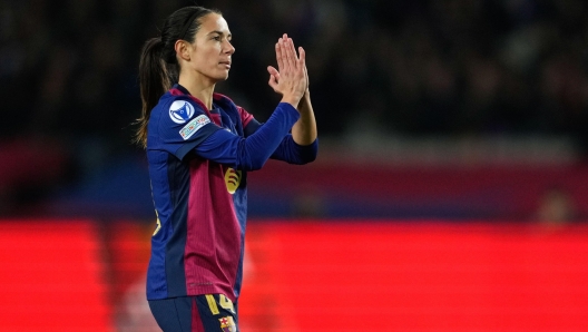 epa11784289 Barcelona's Aitana Bonmati reacts during the UEFA Women's Champions League soccer match between FC Barcelona and Manchester City at Lluis Companys stadium in Barcelona, Spain, 18 December 2024.  EPA/Alejandro Garcia