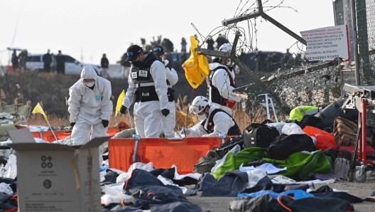 Firefighters and rescue personnel work near the scene where a Jeju Air Boeing 737-800 series aircraft crashed and burst into flames at Muan International Airport in South Jeolla Province, some 288 kilometres southwest of Seoul on December 29, 2024. A Jeju Air plane carrying 181 people from Bangkok to South Korea crashed on arrival December 29, colliding with a barrier and bursting into flames, with only two survivors rescued so far and 120 confirmed dead. (Photo by JUNG YEON-JE / AFP)