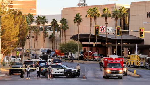 LAS VEGAS, NEVADA - JANUARY 01: A Las Vegas Metropolitan Police Department vehicle blocks the road near the Trump International Hotel & Tower Las Vegas after a Tesla Cybertruck exploded in front of the entrance on January 01, 2025 in Las Vegas, Nevada. A person who was in the vehicle died and seven people were injured. Authorities are investigating the incident as a possible terrorist attack and are looking for a possible connection to a deadly crash in New Orleans.   Ethan Miller/Getty Images/AFP (Photo by Ethan Miller / GETTY IMAGES NORTH AMERICA / Getty Images via AFP)