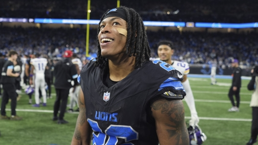 Detroit Lions running back Jahmyr Gibbs (26) walks off their field following an NFL football game against the Minnesota Vikings, Sunday, Jan. 5, 2025, in Detroit. (AP Photo/Charlie Riedel)