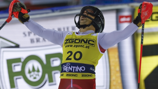 Bulgaria's Albert Popov gets to the finish area after completing an alpine ski, men's World Cup slalom in Madonna di Campiglio, Italy, Wednesday, Jan.8, 2025. (AP Photo/Alessandro Trovati)