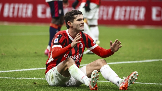 MILAN, ITALY - JANUARY 11: Christian Pulisic of AC Milan reacts during the Serie A match between AC Milan and Cagliari at Stadio Giuseppe Meazza on January 11, 2025 in Milan, Italy. (Photo by Giuseppe Cottini/AC Milan via Getty Images)