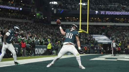 Philadelphia Eagles tight end Dallas Goedert (88) celebrates his touchdown during the second half of an NFL wild-card playoff football game against the Green Bay Packers on Sunday, Jan. 12, 2025, in Philadelphia. (AP Photo/Matt Slocum)