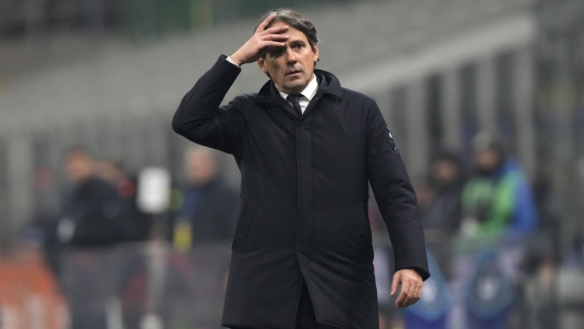 Inter Milan's head coach Simone Inzaghi reacts during a Serie A soccer match between Inter Milan and Bologna the San Siro stadium in Milan, Italy, Wednesday, Jan. 15, 2025. (AP Photo/Luca Bruno)