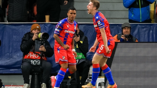 epa11847917 Lukas Cerv of Plzen (R) celebrates scoring the 1-0 goal during the UEFA Europa League match between FC Viktoria Plzen and RSC Anderlecht, in Plzen, Czech Republic, 23 January 2025.  EPA/MARTIN DIVISEK