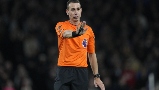 FILE - Referee David Coote reacts during the English Premier League soccer match between Tottenham Hotspur and Brighton and Brentford, at White Hart Lane Stadium in London, England, Jan. 31, 2024. (AP Photo/Dave Shopland, File)