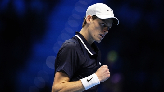 Italy's Jannik Sinner celebrates after winning  the singles final tennis match of the ATP World Tour Finals against United States Taylor Fritz  at the Inalpi Arena in Turin, Italy - Sport - Sunday, November 17, 2024. (Photo by Marco Alpozzi/Lapresse)