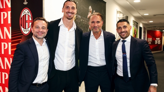 MILAN, ITALY - APRIL 11: (L-R) CEO of #ACMilan, Giorgio Furlani, Zlatan Ibrahimovic, Founder and Managing Partner of RedBird Gerry Cardinale and AC Milan Technical Director Geoffrey Moncada pose prior to the UEFA Europa League 2023/24 Quarter-Final first leg match between AC Milan and AS Roma at Stadio Giuseppe Meazza on April 11, 2024 in Milan, Italy. (Photo by Daniele Venturelli - AC Milan/AC Milan via Getty Images)