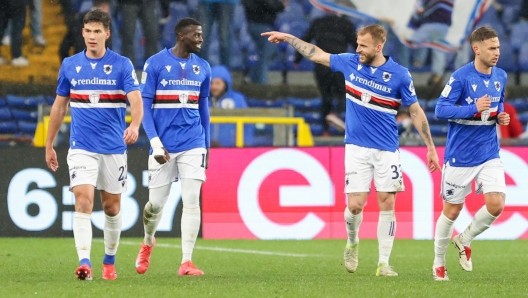 Sampdoria's M'Baye Niang celebrates after scoring a goal for his team during the Serie B soccer match between Sampdoria and Modena at the Luigi Ferraris Stadium in Genova, Italy - Saturday, February 08, 2025. Sport - Soccer . (Photo by Tano Pecoraro/Lapresse)