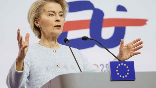 European Commission President Ursula von der Leyen attends a joint press conference with Poland's Prime Minister after a meeting of the College of Commissioners with members of the Polish government in Gdansk, Poland on February 7, 2025. Until June 30, 2025, Poland for a second time holds the presidency of the Council of the European Union. (Photo by Bartosz Banka / AFP)