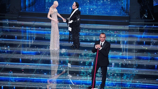 Bianca Balti dance with Cristiano Malgioglio during the second evening of 75th edition of the Sanremo Italian Song Festival at the Ariston Theatre in Sanremo, northern Italy - Wednesday February 12, 2025. Entertainment. (Photo by Marco Alpozzi/LaPresse)