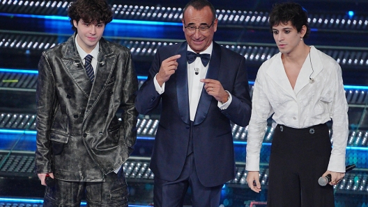 Settembre, Carlo Conti and Alex Wyse during the third evening of 75th edition of the Sanremo Italian Song Festival at the Ariston Theatre in Sanremo, northern Italy - Thursday, February 13, 2025. Entertainment. (Photo by Marco Alpozzi/LaPresse)