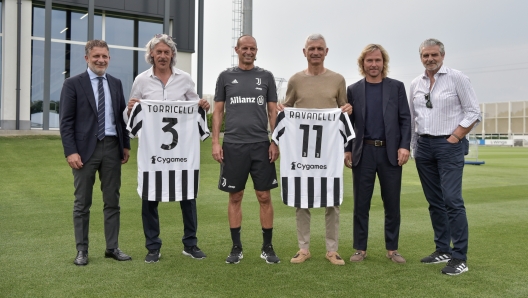 TURIN, ITALY - JULY 21: Federico Cherubini, Moreno Torricelli, Massimiliano Allegri, Fabrizio Ravanelli, Pavel Nedved, Maurizio Arrivabene at JTC on July 21, 2021 in Turin, Italy. (Photo by Daniele Badolato - Juventus FC/Juventus FC via Getty Images)