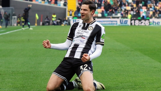 Udinese?s jurgen ekkelenkamp celebrates after scoring the 1-0 goal for his team during the Serie A soccer match between Udinese and Empoli at the Bluenergy Stadium in Udine, north east Italy - Sunday, February 16,2025 sport - soccer (Photo by Andrea Bressanutti/Lapresse)