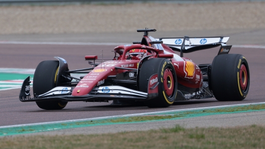 FIORANO MODENESE, ITALY - FEBRUARY 19: Charles Leclerc of Monaco driving the (16) Scuderia Ferrari SF-25 at Fiorano Circuit on February 19, 2025 in Fiorano Modenese, Italy. (Photo by Emmanuele Ciancaglini/Getty Images)