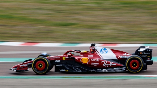 British driver Lewis Hamilton steers the new F1 Ferrari SF-25 during tests at Fiorano Circuit on February 19, 2025 in Fiorano Modenese near Maranello. (Photo by Federico SCOPPA / AFP)