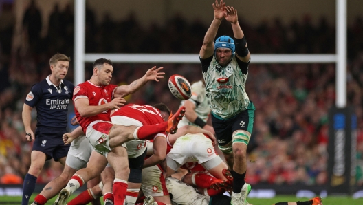 Ireland's lock Tadhg Beirne (R) attempts to charge down a kick by Wales' scrum-half Tomos Williams (L) during the Six Nations international rugby union match between Wales and Ireland at the Principality Stadium in Cardiff, south Wales, on February 22, 2025. (Photo by Adrian Dennis / AFP) / RESTRICTED TO EDITORIAL USE. Use in books subject to Welsh Rugby Union (WRU) approval.