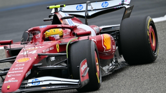 Ferrari's British driver Lewis Hamilton drives during the second day of the Formula One pre-season testing at the Bahrain International Circuit in Sakhir on February 27, 2025. (Photo by Giuseppe CACACE / AFP)