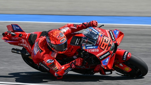 TOPSHOT - Ducati Lenovo's Spanish rider Marc Marquez rides during the free practice 1 session of the MotoGP Thailand Grand Prix at the Buriram International Circuit in Buriram on February 28, 2025. (Photo by MOHD RASFAN / AFP)