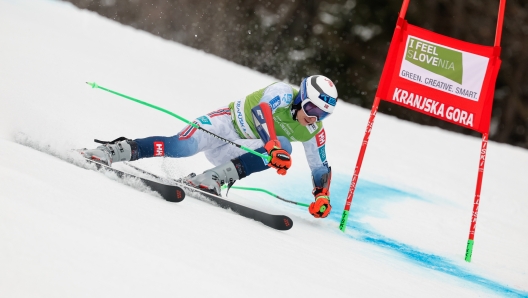 KRANJSKA GORA, SLOVENIA - MARCH 1: Henrik Kristoffersen of Team Norway competes during the Audi FIS Alpine Ski World Cup Men's Giant Slalom on March 1, 2025 in Kranjska Gora, Slovenia. (Photo by Stanko Gruden/Agence Zoom/Getty Images)