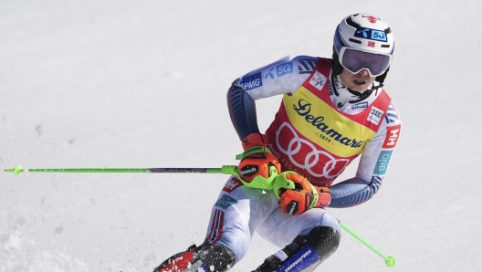 Norway's Henrik Kristoffersen checks his time at the finish area of an alpine ski, men's World Cup slalom, in Kranjska Gora, Slovenia, Sunday, March 2, 2025. (AP Photo/Giovanni Auletta)