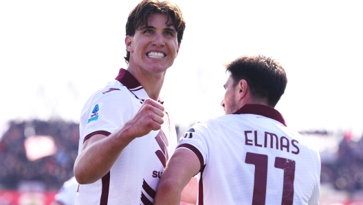 Torino?s Cesare Casadei celebrates after scoring the 0-2 goal for his team  with Torino?s Eljif Elmas during the Serie A soccer match between Monza and Torino Fc at U-Power Stadium in Monza, North Italy - March 2, 2025. Sport - Soccer (Photo by Fabio Ferrari/LaPresse)