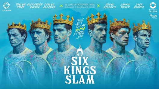 Promotional poster for the Six Kings Slam featuring Jannik Sinner, Carlos Alcaraz, and Novak Djokovic with crowns.