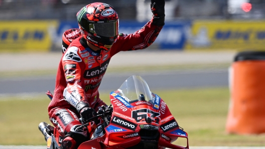 Francesco Bagnaia celebrates his MotoGP Japan Sprint win at Motegi