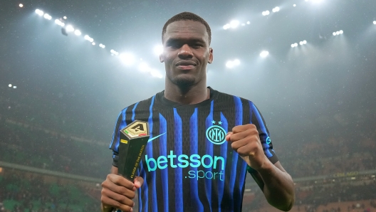 Inter Milan`s Ange-Yoan Bonny Panini player of the match during the Serie A soccer match between Inter and Cremonese at the San Siro Stadium in Milan