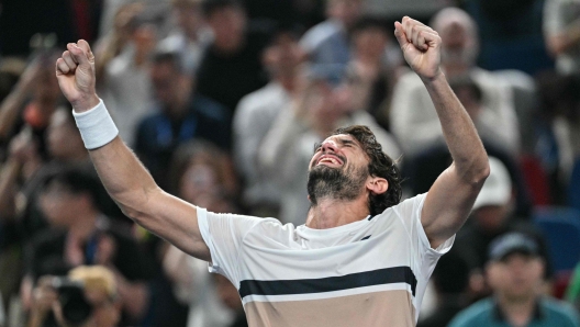 Monaco`s Valentin Vacherot celebrates his victory against France’s Arthur Rinderknech during the men’s singles final at the Shanghai Masters tennis tournament in Shanghai on October 12, 2025.