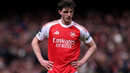  Declan Rice of Arsenal  during the Premier League match between Arsenal and Bournemouth at Emirates Stadium on April 11, 2026 in London, England. (Photo by Justin Setterfield/Getty Images)