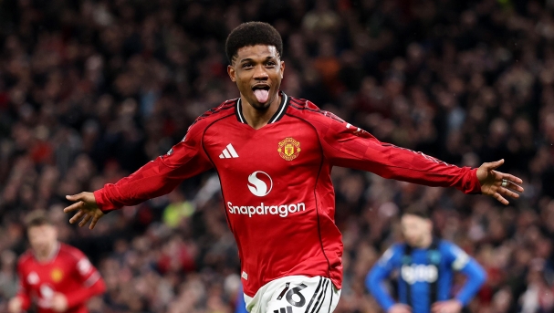 MANCHESTER, ENGLAND - DECEMBER 15: Amad Diallo of Manchester United celebrates scoring his team's first goal during the Premier League match between Manchester United and Bournemouth at Old Trafford on December 15, 2025 in Manchester, England. (Photo by Stu Forster/Getty Images)