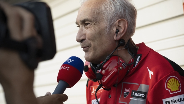 MOTEGI, JAPAN - SEPTEMBER 28: Davide Tardozzi of Italy and Ducati Team speaks with journalists during the MotoGP of Japan - Previews at Twin Ring Motegi on September 28, 2023 in Motegi, Japan. (Photo by Mirco Lazzari gp/Getty Images)