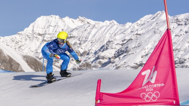 LIVIGNO, ITALY - FEBRUARY 13: Michela Moioli of Team Italy takes 3rd place on day seven of the Milano Cortina 2026 Winter Olympic games at Livigno Snow Park on February 13, 2026 in Livigno, Italy.(Photo by Millo Moravski/Agence Zoom/Getty Images)