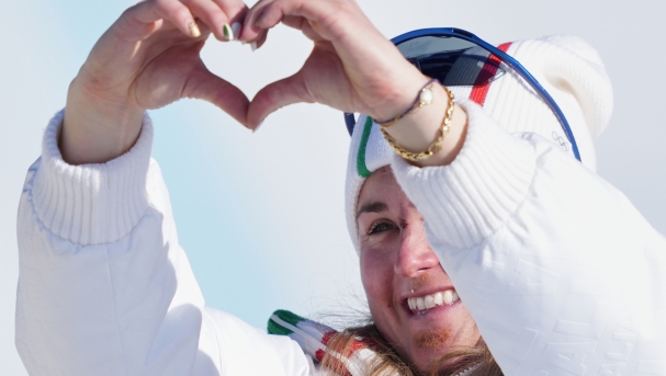Bronze medalist Italy's Michela Moioli makes a heart gesture after the women's snowboard cross finals at the 2026 Winter Olympics, in Livigno, Italy, Friday, Feb. 13, 2026. (AP Photo/Julia Demaree Nikhinson)      Associate Press/ LaPresse Only Italy and Spain