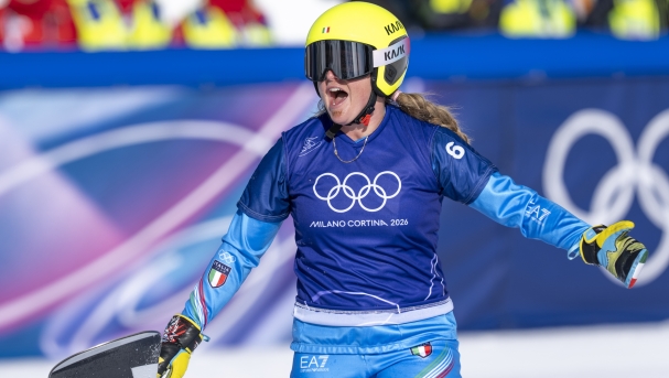 LIVIGNO, ITALY - FEBRUARY 13: Michela Moioli of Team Italy takes 3rd place on day seven of the Milano Cortina 2026 Winter Olympic games at Livigno Snow Park on February 13, 2026 in Livigno, Italy.(Photo by Millo Moravski/Agence Zoom/Getty Images)