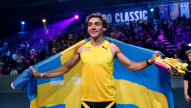 Sweden's Armand Duplantis reacts after clearing 6.31 meters for a men's indoor pole vault world record at the Mondo Classic pole vault gala Mondo Classic, Thursday, March 12, 2026,  in Uppsala, Sweden. (Fredrik Persson/TT News Agency via AP)